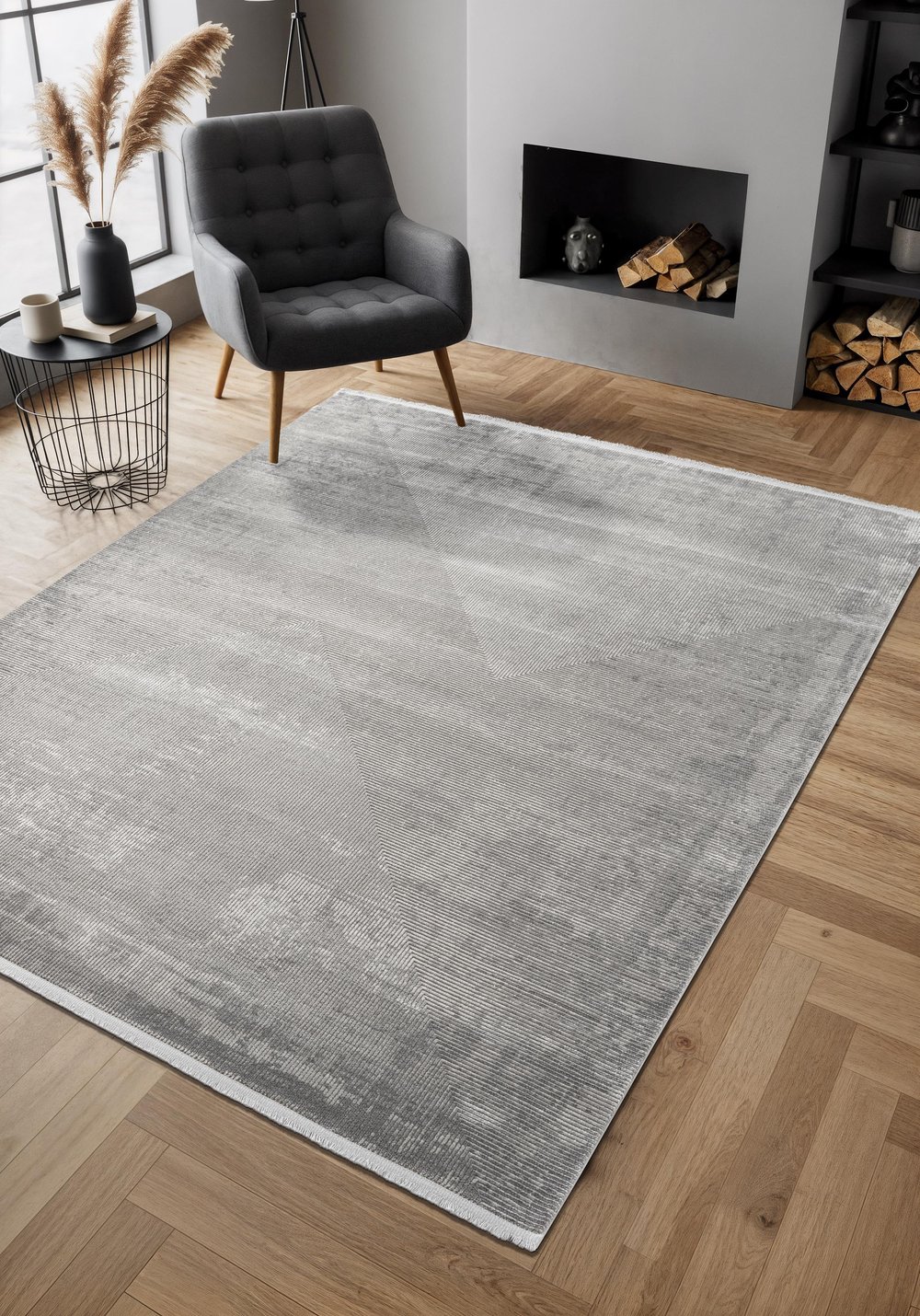 By Özer Halı Gri Renk Geometrik Desenli Modern Stil Karmen Halı Cosmos CS009Z Salon Halısı