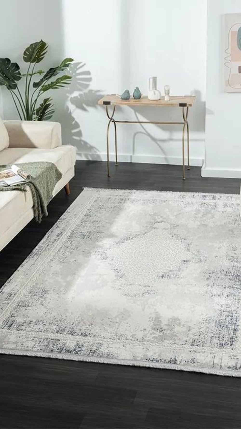By Özer Halı Gri Renk Krem Mavi Bordürlü Klasik Stil Karmen Halı Dark DK013M Salon Halısı