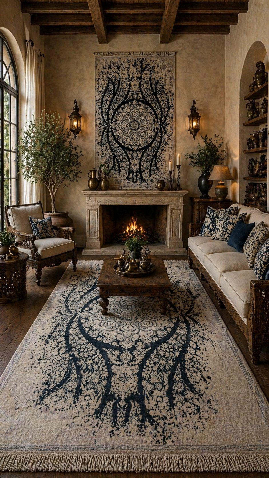By Özer Halı Kemik Renk Lacivert Desenli Klasik Saray Halı Victoria VI08A Salon Halısı