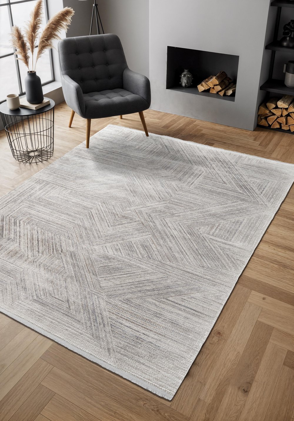 By Özer Halı Krem Renk Geometrik Desenli Modern Stil Karmen Halı Cosmos CS008A Salon Halısı
