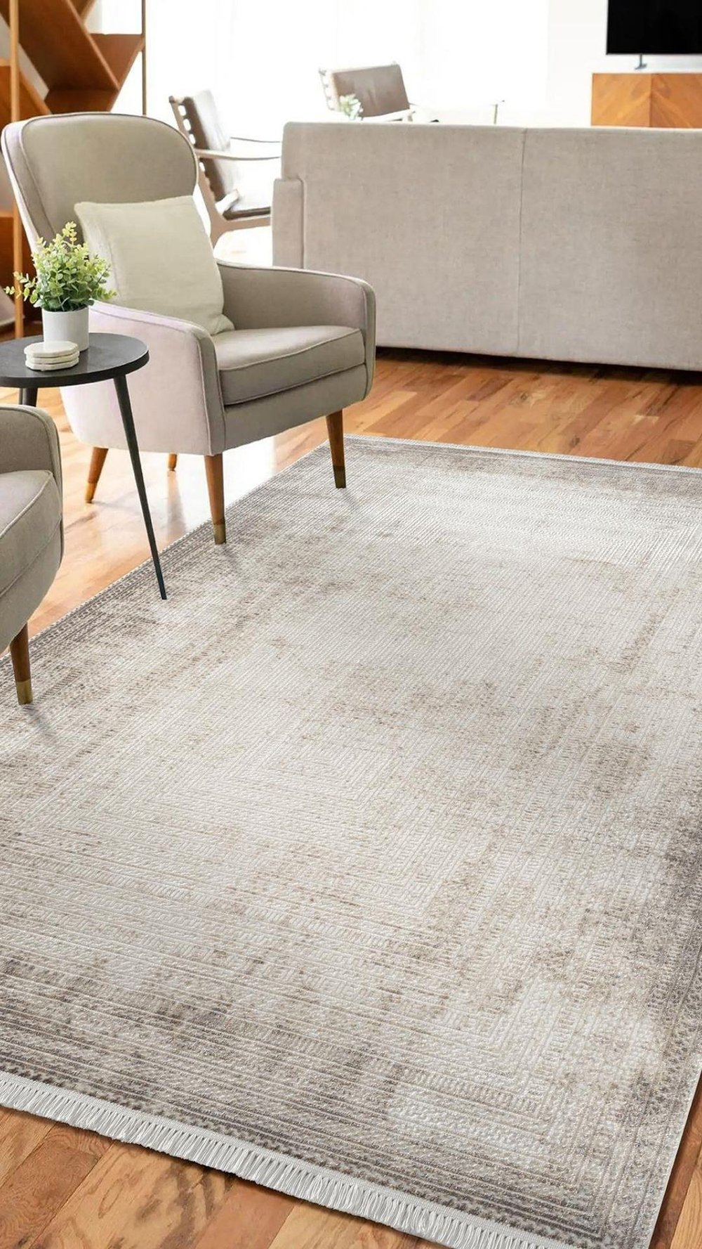 By Özer Halı Krem Renk Gri Bordürlü Modern Stil Karmen Halı Etro ET012G Salon Halısı