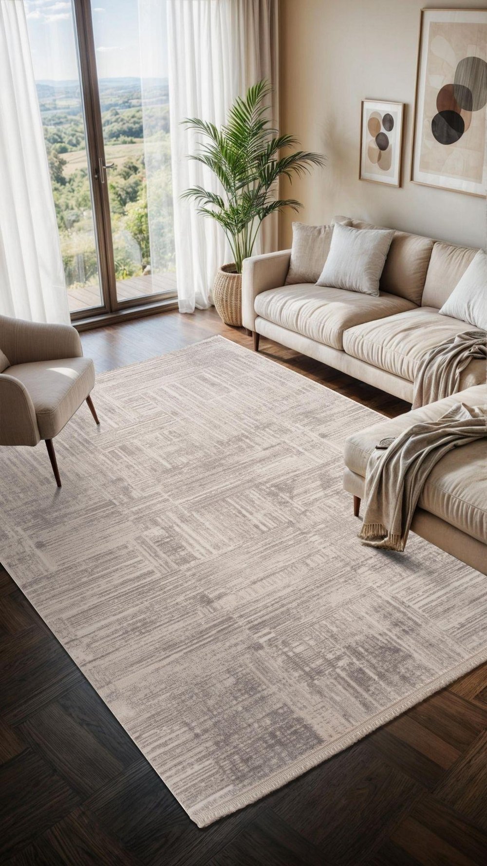 By Özer Halı Krem Renk Gri Desenli Modern Stil Saten Tekstil Moon MO102G Salon Halısı