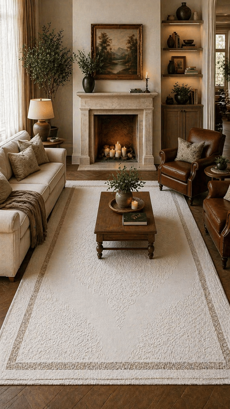 By Özer Halı Krem Renk Kahve Bordürlü Klasik Stil Flora Halı Avangard 5938C Salon Halısı