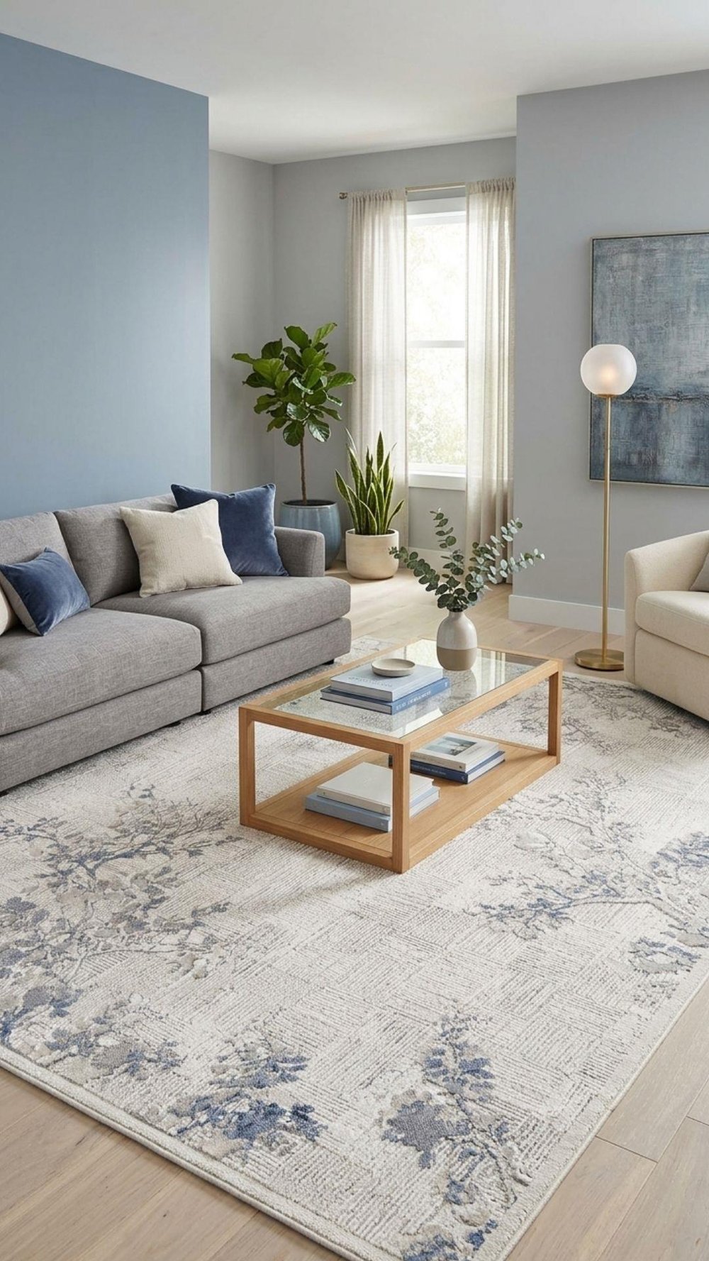 By Özer Halı Krem Renk Mavi Desenli Modern Stil Artemis Artex 02506A Salon Halısı