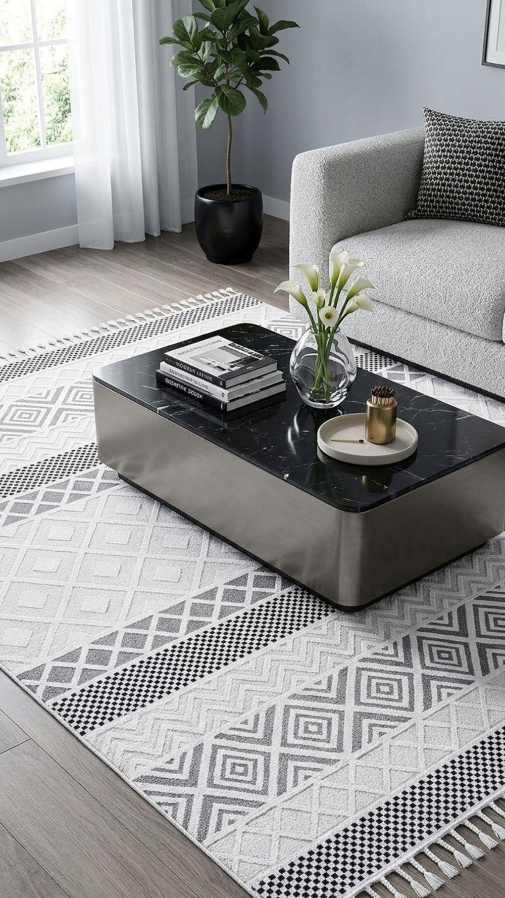 By Özer Halı Krem Siyah Renk Modern Stil Akrilik İplik Monaco 33342Z Salon Halısı