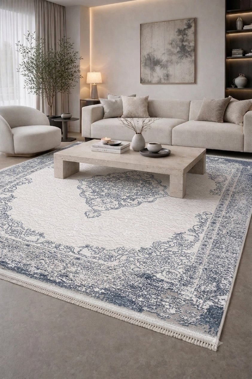 By Özer Halı Mavi Renk Gri Bordürlü Klasik Stil Artemis Halı Dream 09707D Salon Halısı