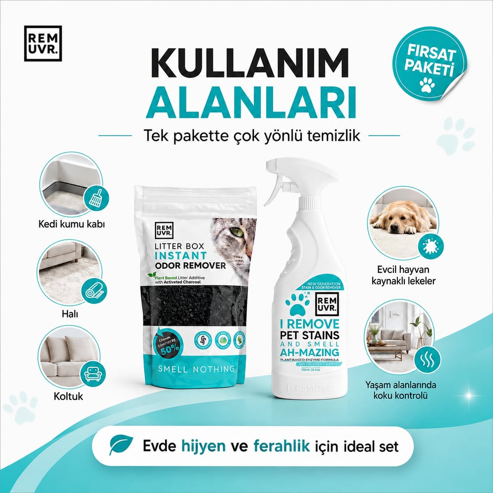 2li Temizlik Seti 250 gr Kedi Kumu Koku Giderici + 750 ml Evcil Hayvan Leke ve İz Temizleyici Sprey