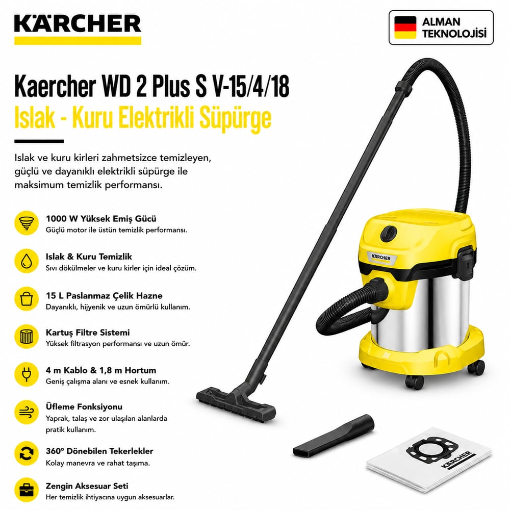 Kaercher WD 2 Plus S V-15/4/18 Islak - Kuru Elektrikli Süpürge