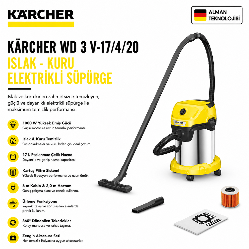 Kaercher WD 3 V-17/4/20 Islak - Kuru Elektrikli Süpürge
