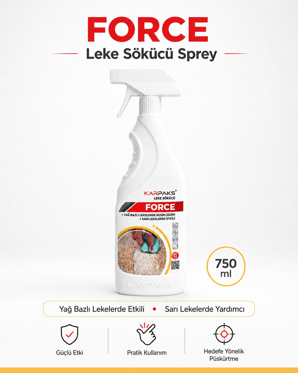 Karpaks Force Leke Sökücü Sprey 750 ml Halı Koltuk Kumaş Araç İçi Yağ ve Sarı Leke Temizleyici