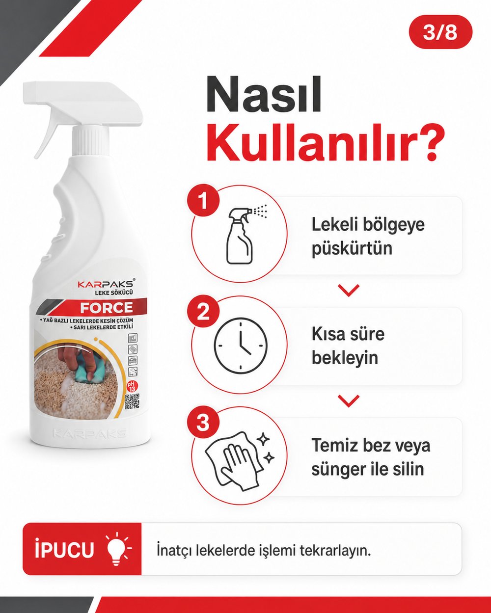 Karpaks Force Leke Sökücü Sprey 750 ml Halı Koltuk Kumaş Araç İçi Yağ ve Sarı Leke Temizleyici