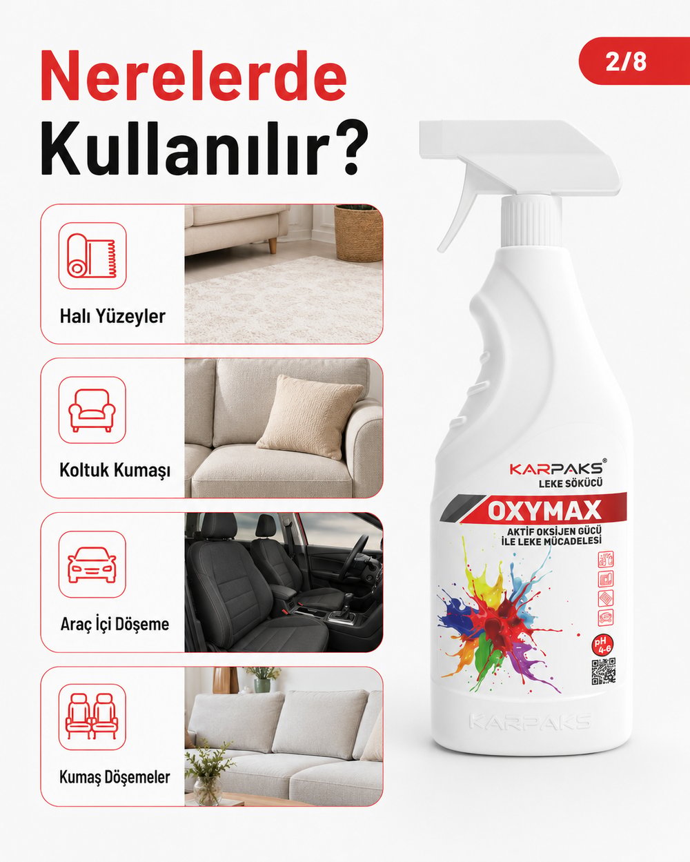Karpaks Oxymax Leke Sökücü Sprey 750 ml Aktif Oksijen Gücü Halı Koltuk Kumaş Araç İçi Döşeme Temizleyici