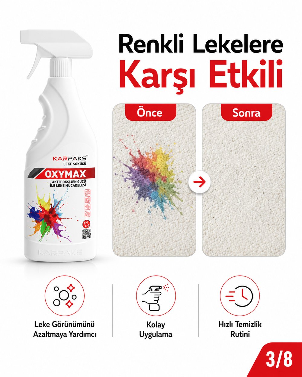 Karpaks Oxymax Leke Sökücü Sprey 750 ml Aktif Oksijen Gücü Halı Koltuk Kumaş Araç İçi Döşeme Temizleyici