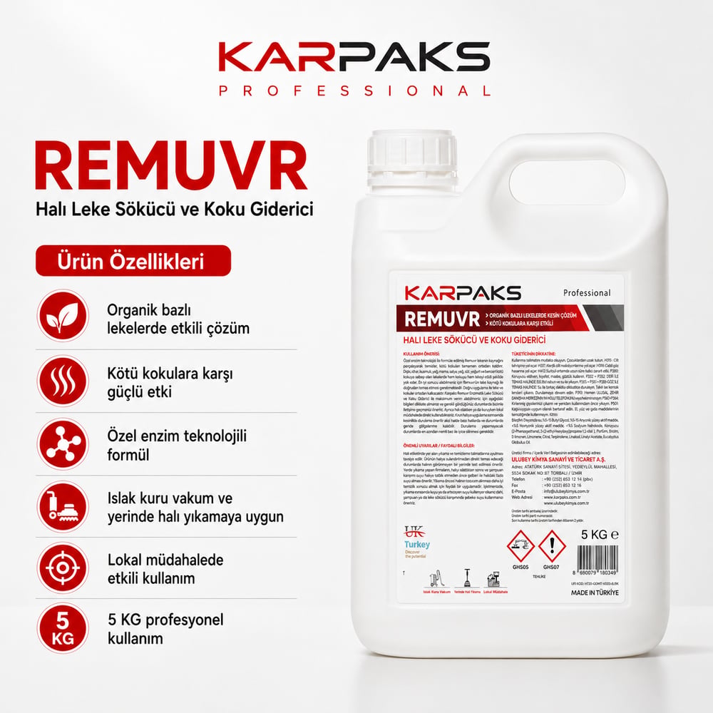 Karpaks Remuvr Profesyonel Halı Leke Sökücü ve Koku Giderici 5 KG – Enzim Teknolojili Güçlü Formül