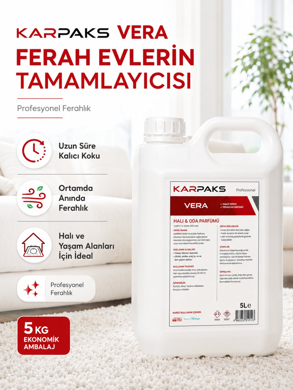 Karpaks Vera Halı ve Oda Parfümü 5 L Kalıcı Ferah Koku Profesyonel Kullanım