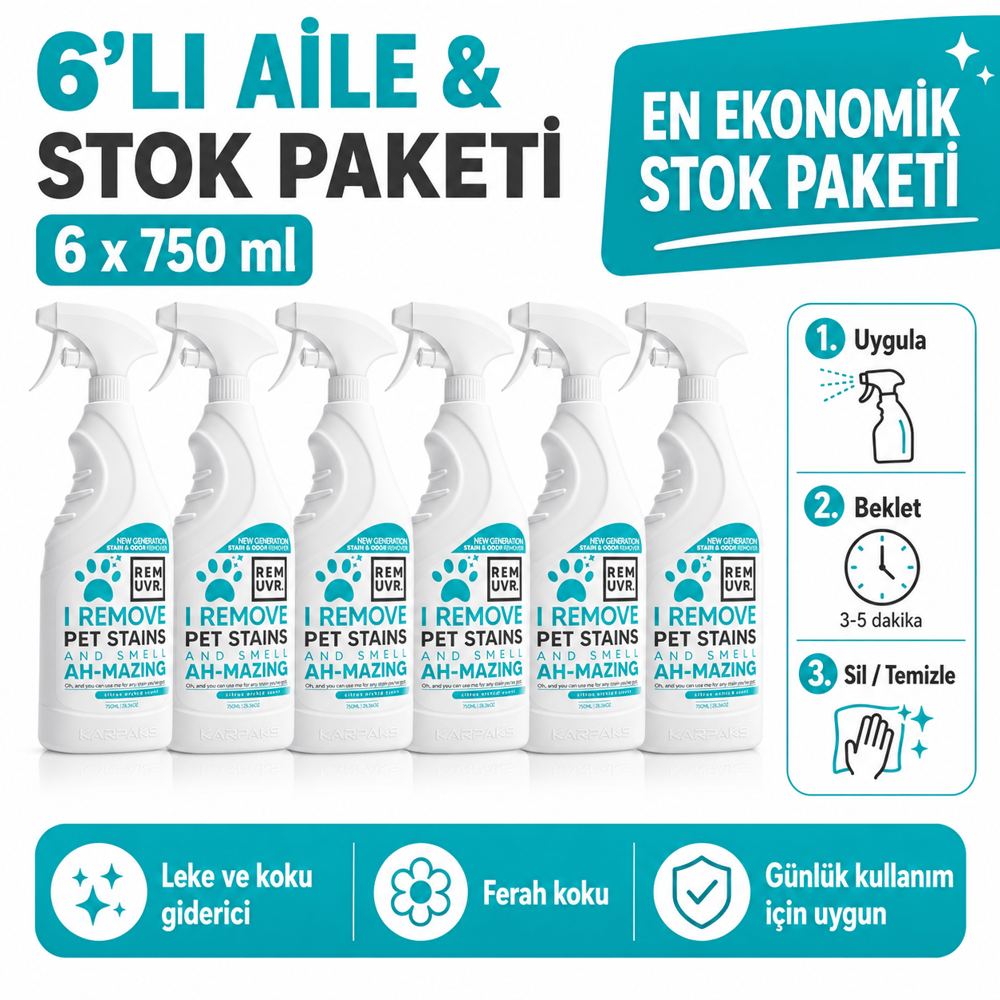 REMUVR Evcil Hayvan Leke ve Koku Giderici Sprey 6lı Paket 6 x 750 ml – Kedi Köpek İdrar Lekesi Temizleyici