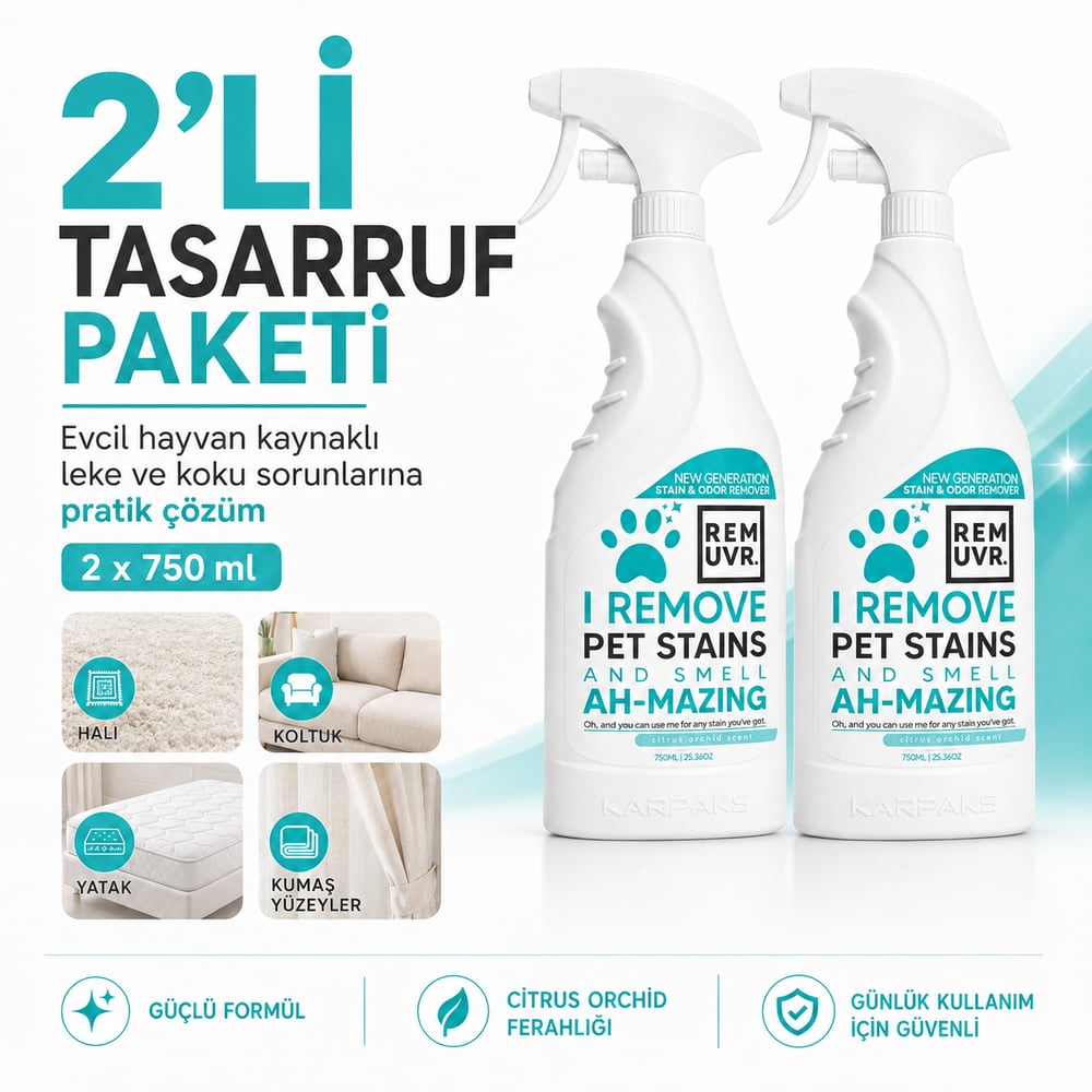 REMUVR Evcil Hayvan Leke ve Koku Giderici Sprey 2li Paket 2 x 750 ml – Kedi Köpek İdrar Lekesi Temizleyici