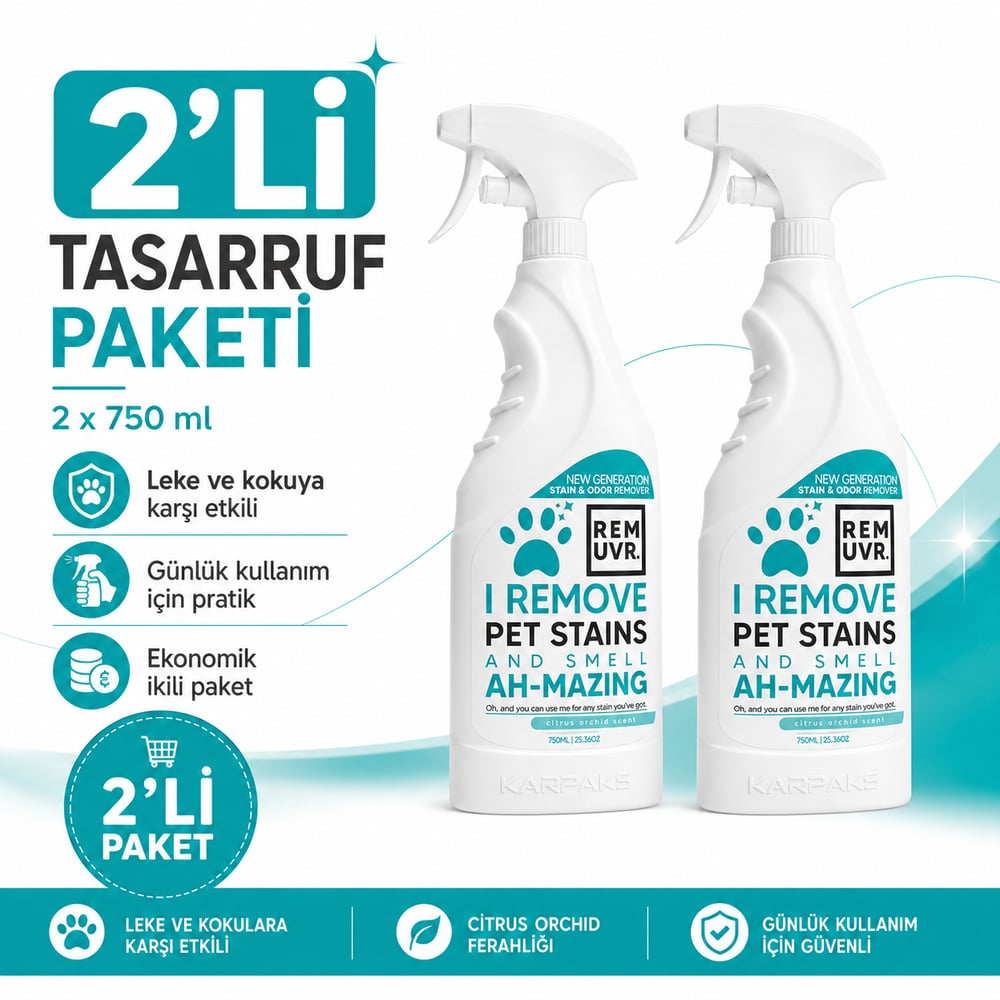 REMUVR Evcil Hayvan Leke ve Koku Giderici Sprey 2li Paket 2 x 750 ml – Kedi Köpek İdrar Lekesi Temizleyici