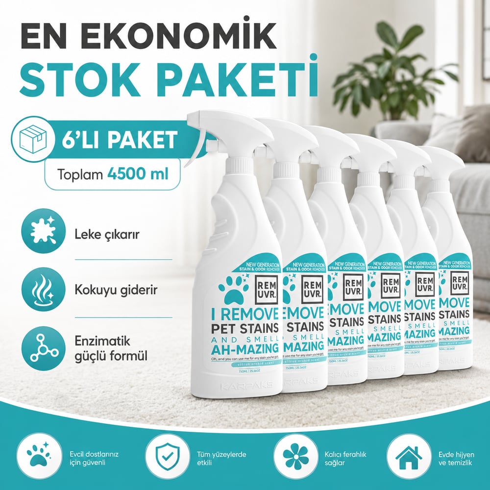 REMUVR Evcil Hayvan Leke ve Koku Giderici Sprey 6lı Paket 6 x 750 ml – Kedi Köpek İdrar Lekesi Temizleyici