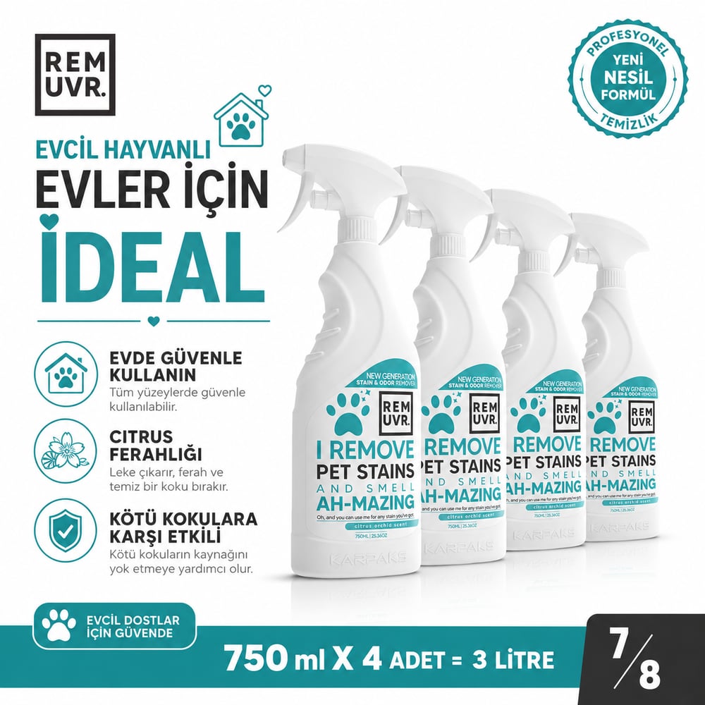 REMUVR Evcil Hayvan Leke ve Koku Giderici Sprey 3lü Paket 3 x 750 ml – Kedi Köpek İdrar Lekesi Temizleyici