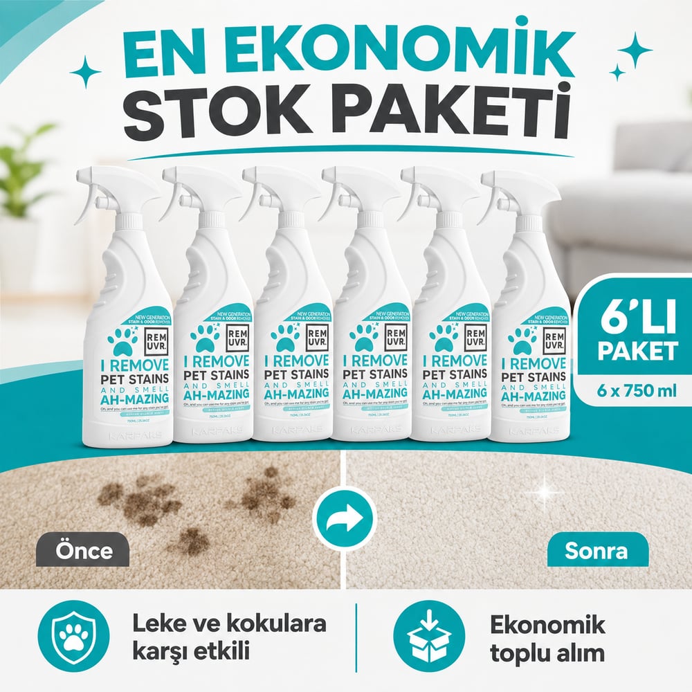 REMUVR Evcil Hayvan Leke ve Koku Giderici Sprey 6lı Paket 6 x 750 ml – Kedi Köpek İdrar Lekesi Temizleyici