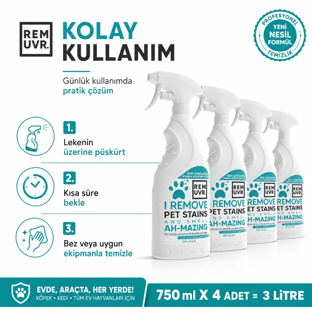 REMUVR Evcil Hayvan Leke ve Koku Giderici Sprey 3lü Paket 3 x 750 ml – Kedi Köpek İdrar Lekesi Temizleyici