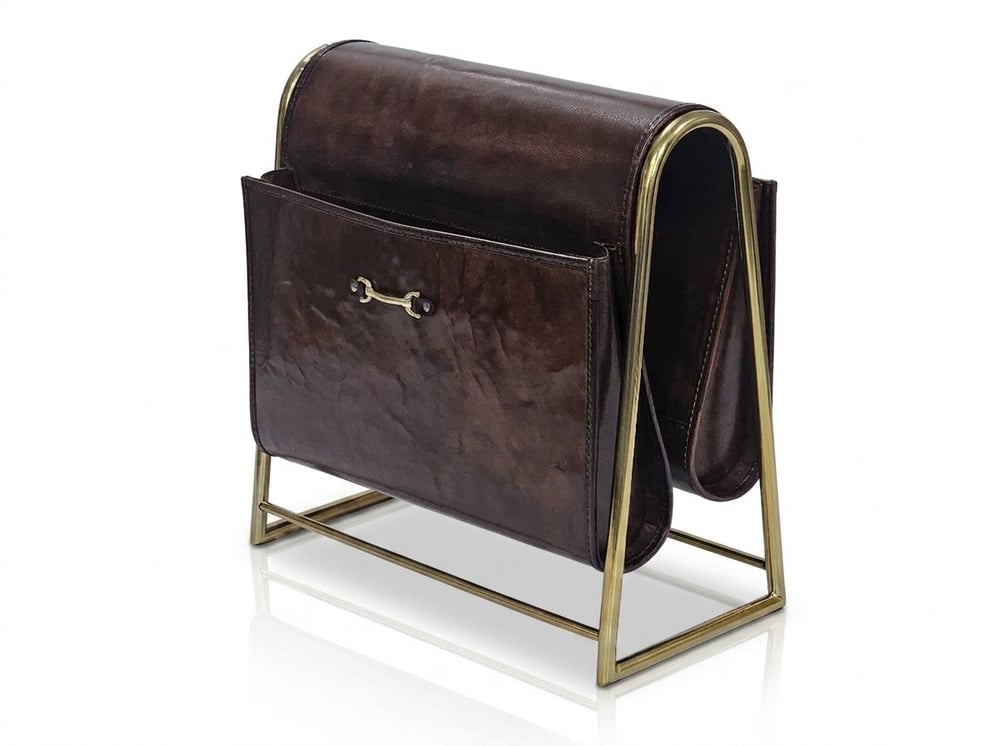 Lmd Brown Color Leather Metal Magazıne Holder 38x10x38 Cm