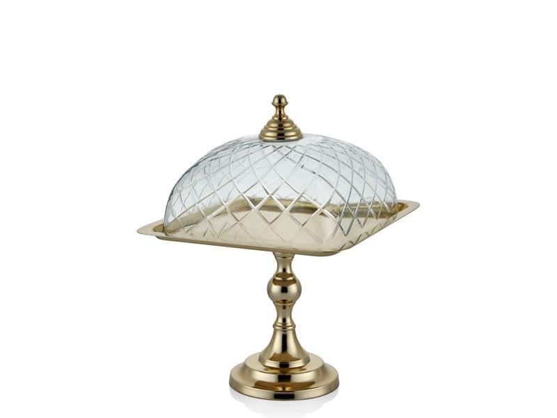 LMD DC  KARE AYAKLI CAM KAPAKLI KEK STANDI GOLD 24X24X35 CM