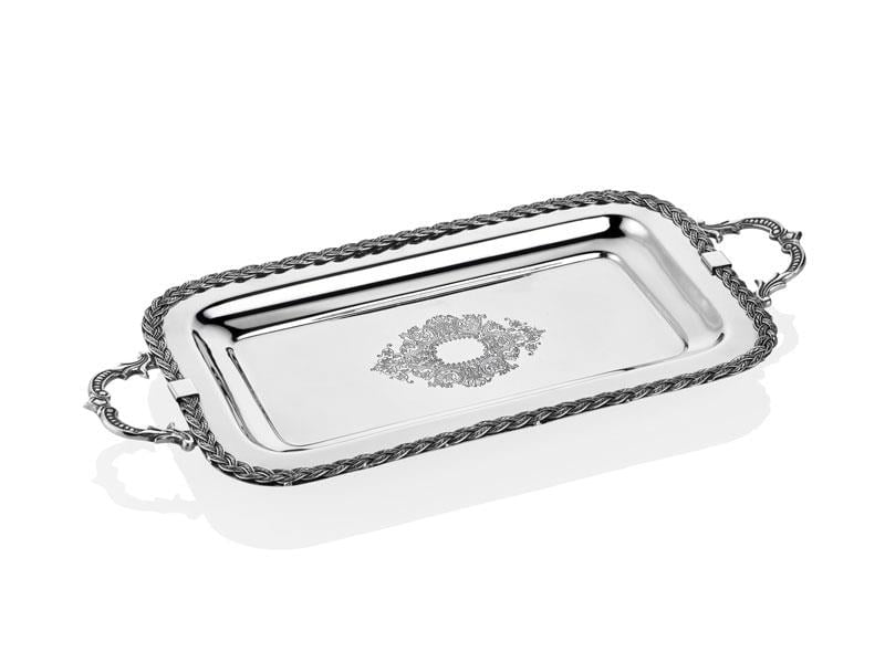 LMD HALATLI KULPLU DİKDÖRTGEN TEPSİ KÜÇÜK 46.5X21.5X5.5 CM FULL NİCKEL