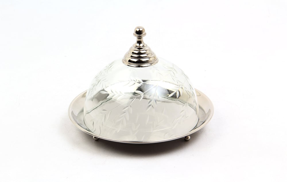 Lmd Yaprak Desenlı Cam Kapaklı Nıkel Buyuk Stand 17,5x17,5x13 Cm