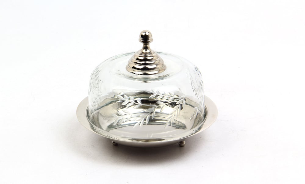 Lmd Yaprak Desenlı Cam Kapaklı Nıkel Tereyaglık 15x15x12,5 Cm
