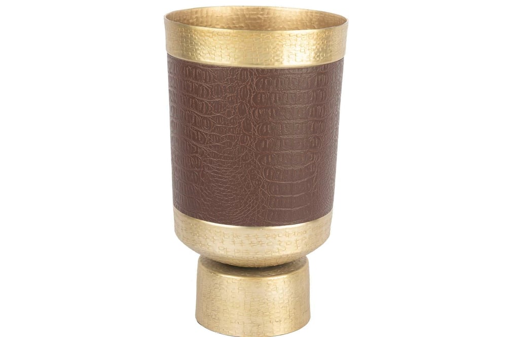 MİKASA Gold Kahve Deri Kaplı Metal Vazo 24x40cm