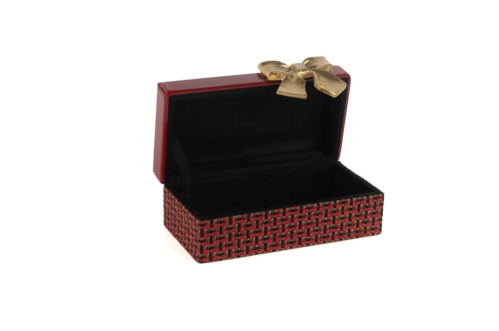 Mikasa Kırmızı Gold Fiyonklu Kumaş Cam Kutu 21x12x8cm