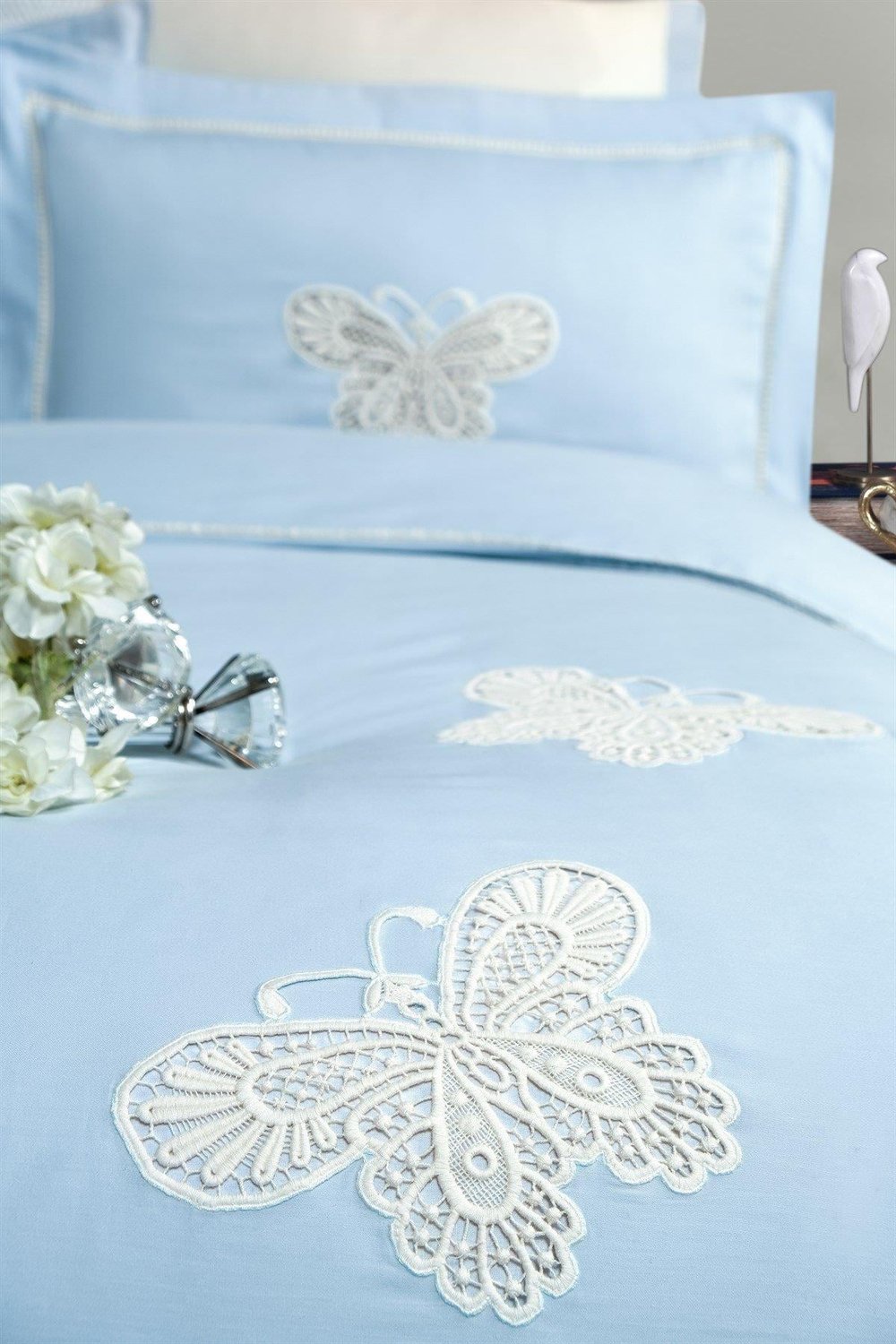 Silkarea/Butterfly Ekru-Mavi V1 Nevresim Takımı