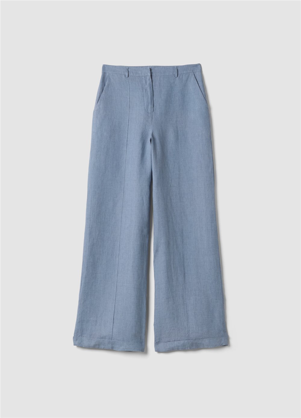 Açık Mavi Keten Bol Paça Pantolon