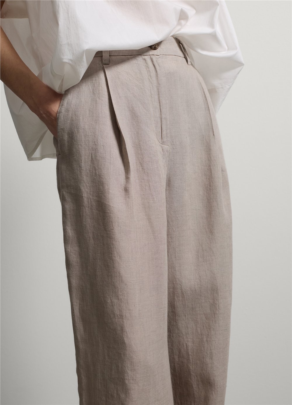 Bej Keten Regular Fit Pantolon
