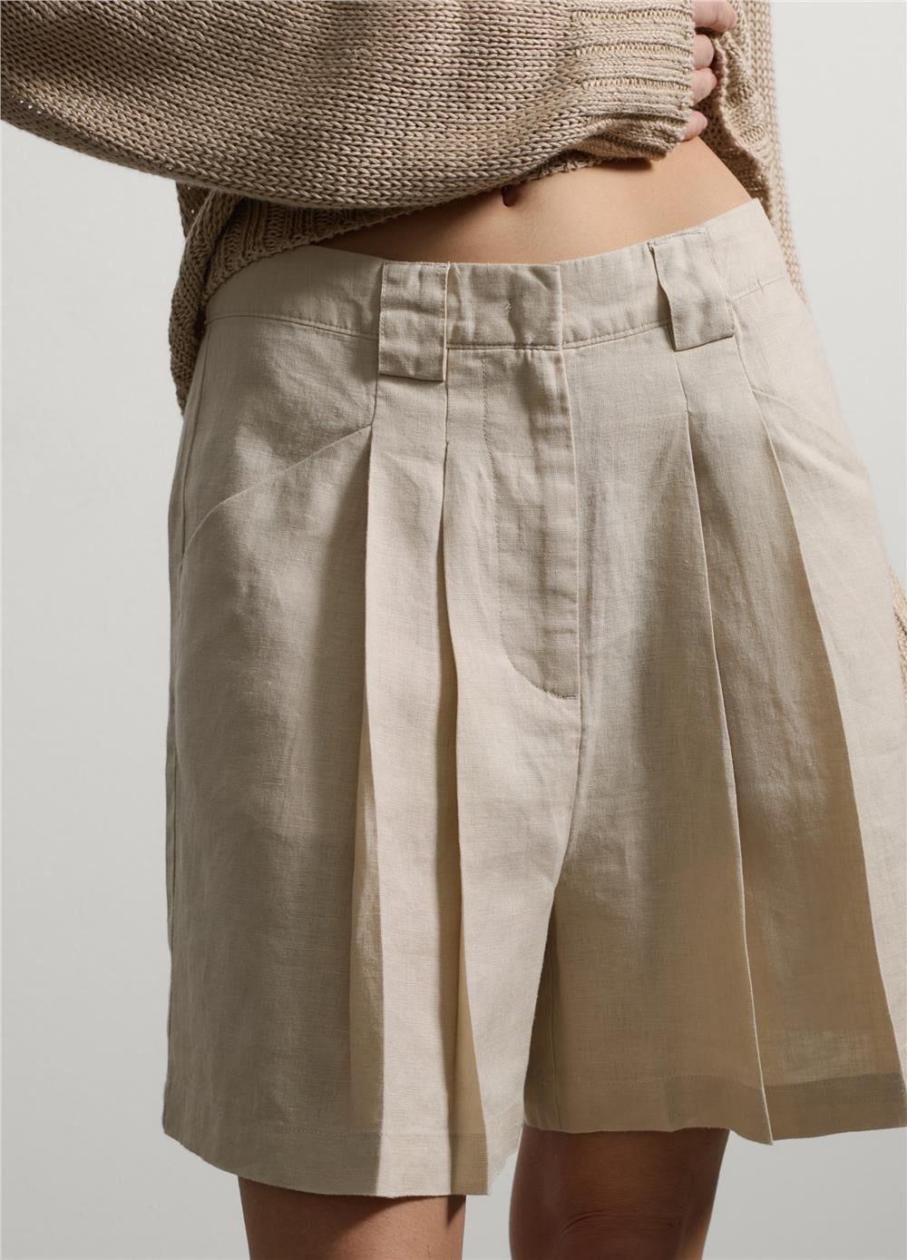 Bej Keten Regular Fit Şort
