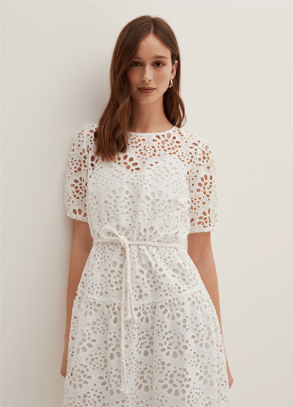 Broderie Anglaise Beyaz Kemerli Midi Elbise