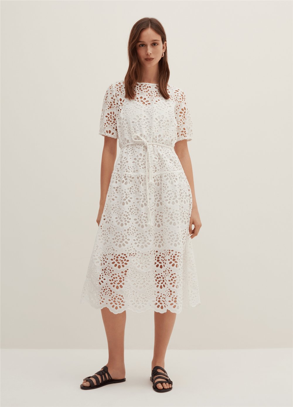 Broderie Anglaise Beyaz Kemerli Midi Elbise