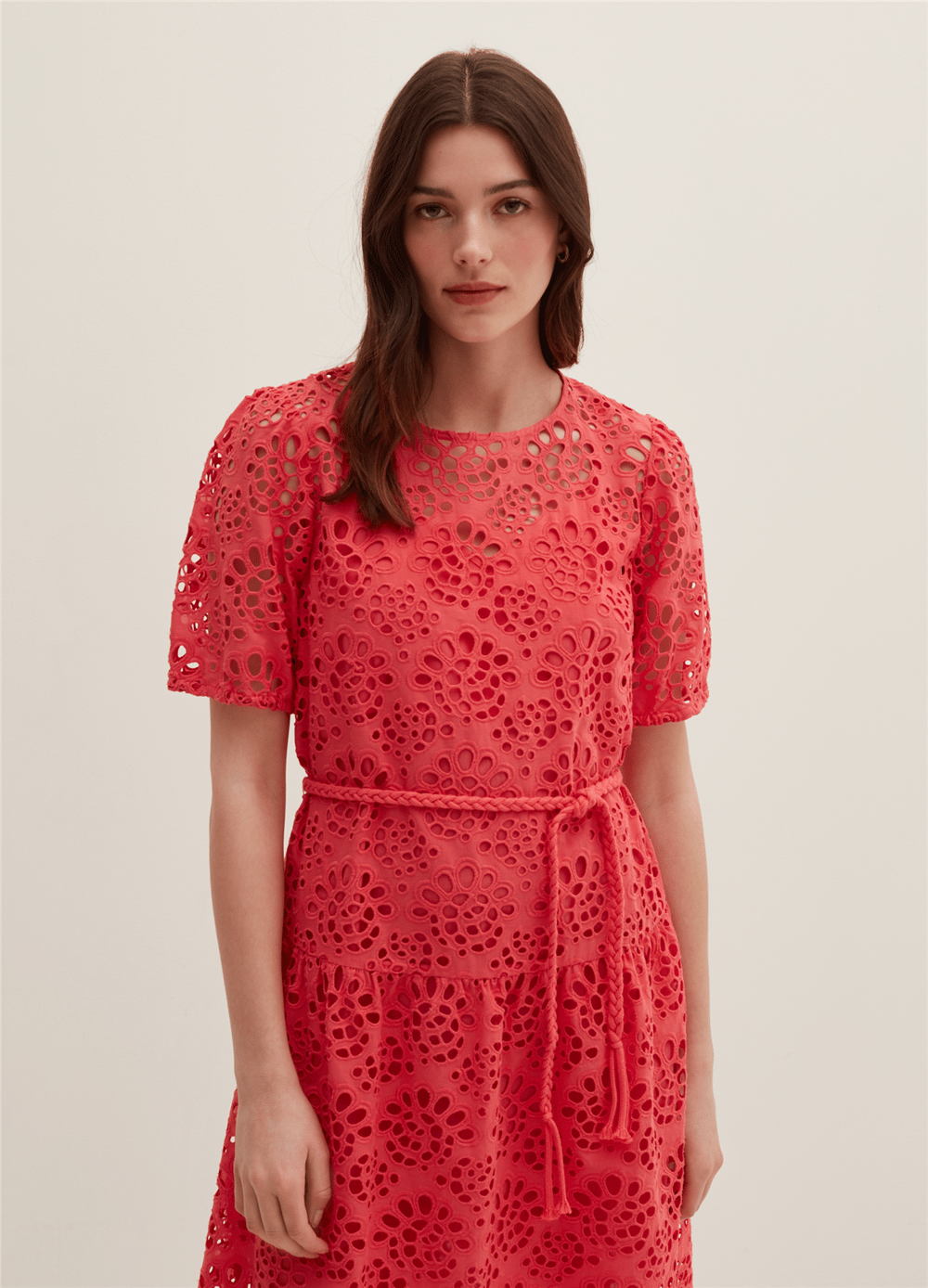 Broderie Anglaise Kırmızı Kemerli Midi Elbise