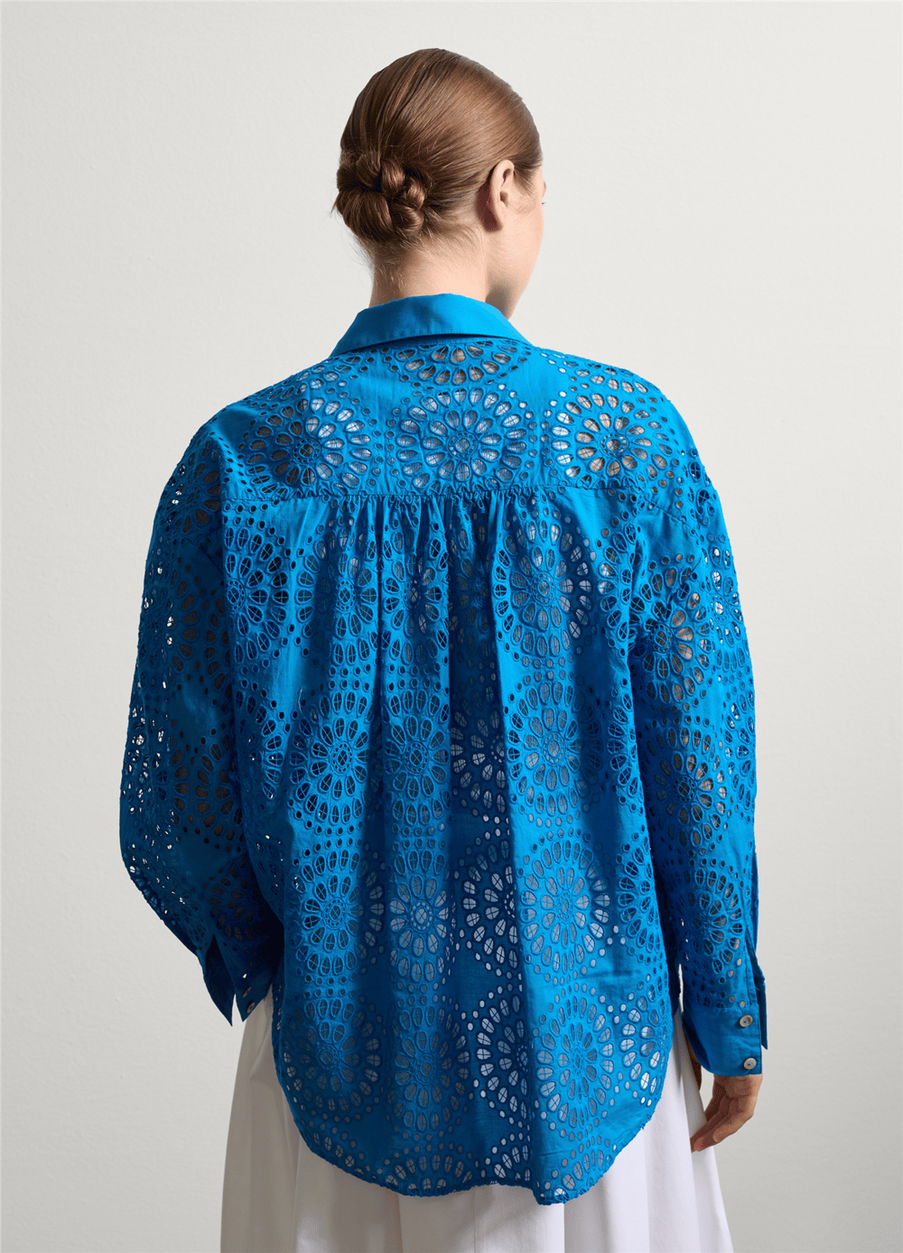 Broderie Anglaise Uzun Kollu Mavi Gömlek