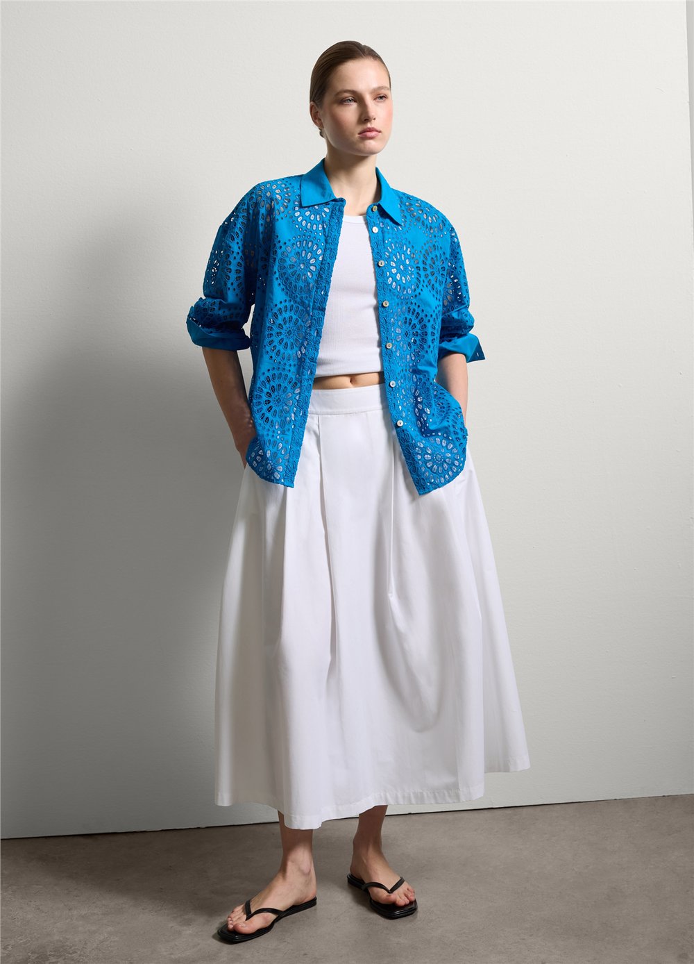 Broderie Anglaise Uzun Kollu Mavi Gömlek