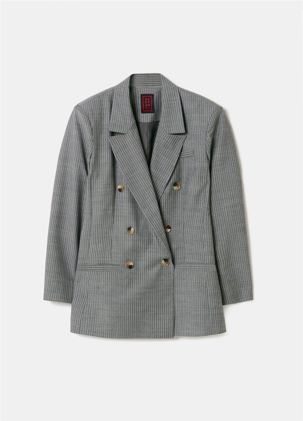 Çift Sıra Düğmeli İnce Çizgili Gri Blazer Ceket