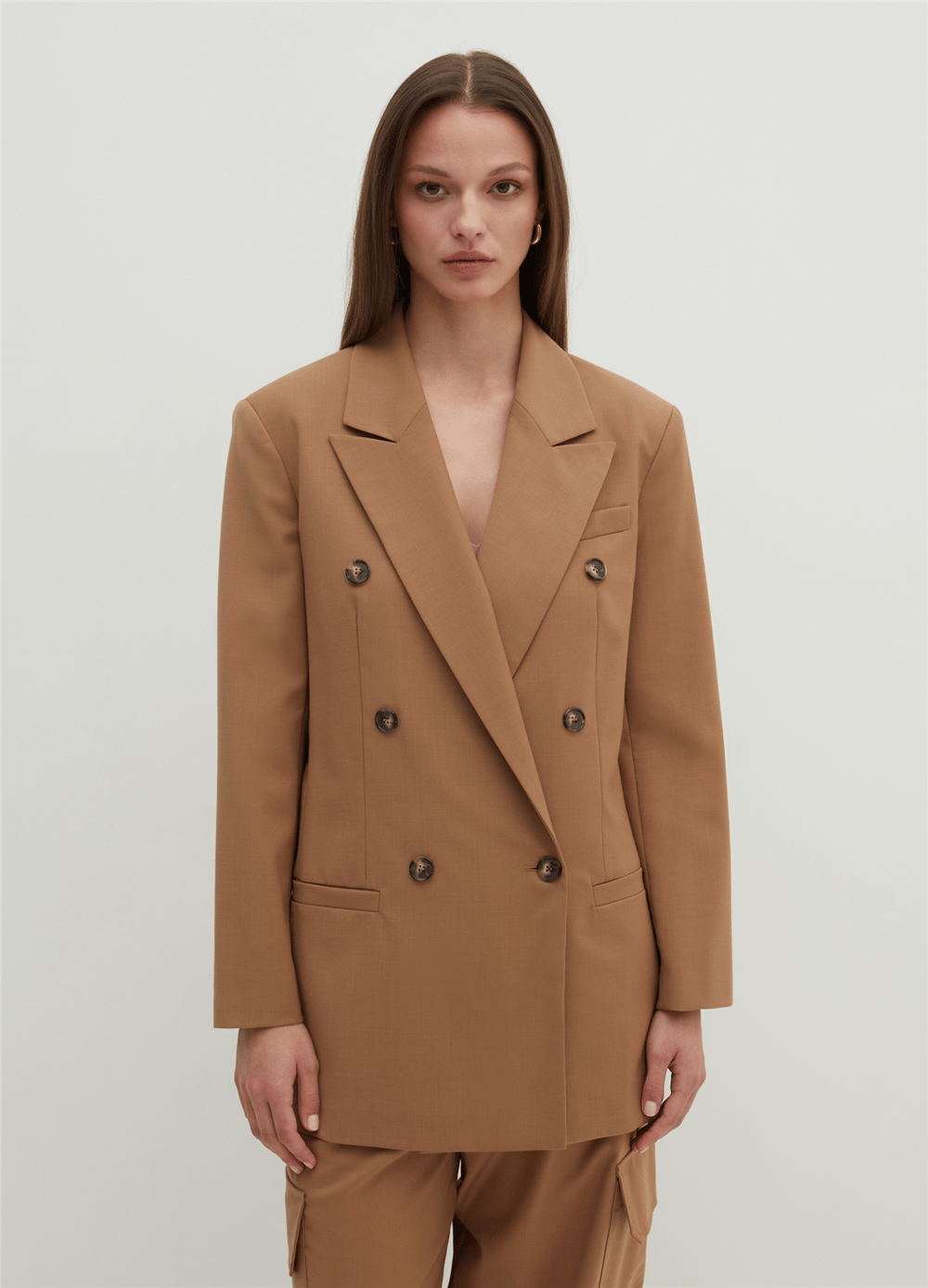 Çizgili Düğmeli Kahverengi Kruvaze Blazer