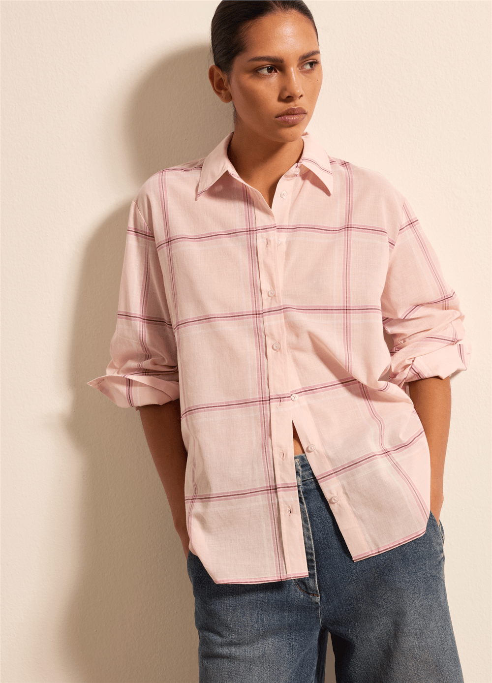 Ekose Desenli Oversize Pembe Gömlek