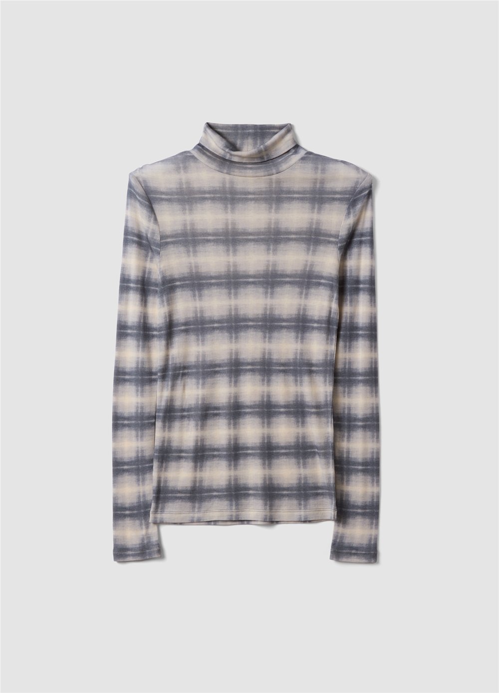 Gri Ekose Desenli Bisiklet Yaka Slim Fit Liyosel Ve Yün Karışımlı Bluz