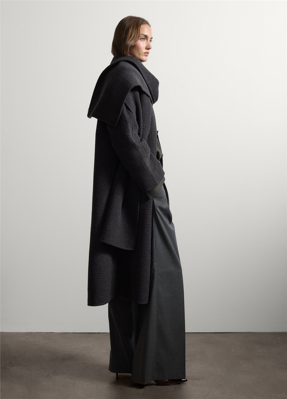 Gri Ekose Desenli Regular Fit Yün Karışımlı Kaban