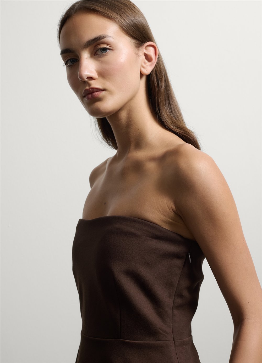 Kahverengi Esnek Viskon Slim Fit Bandeau Üst