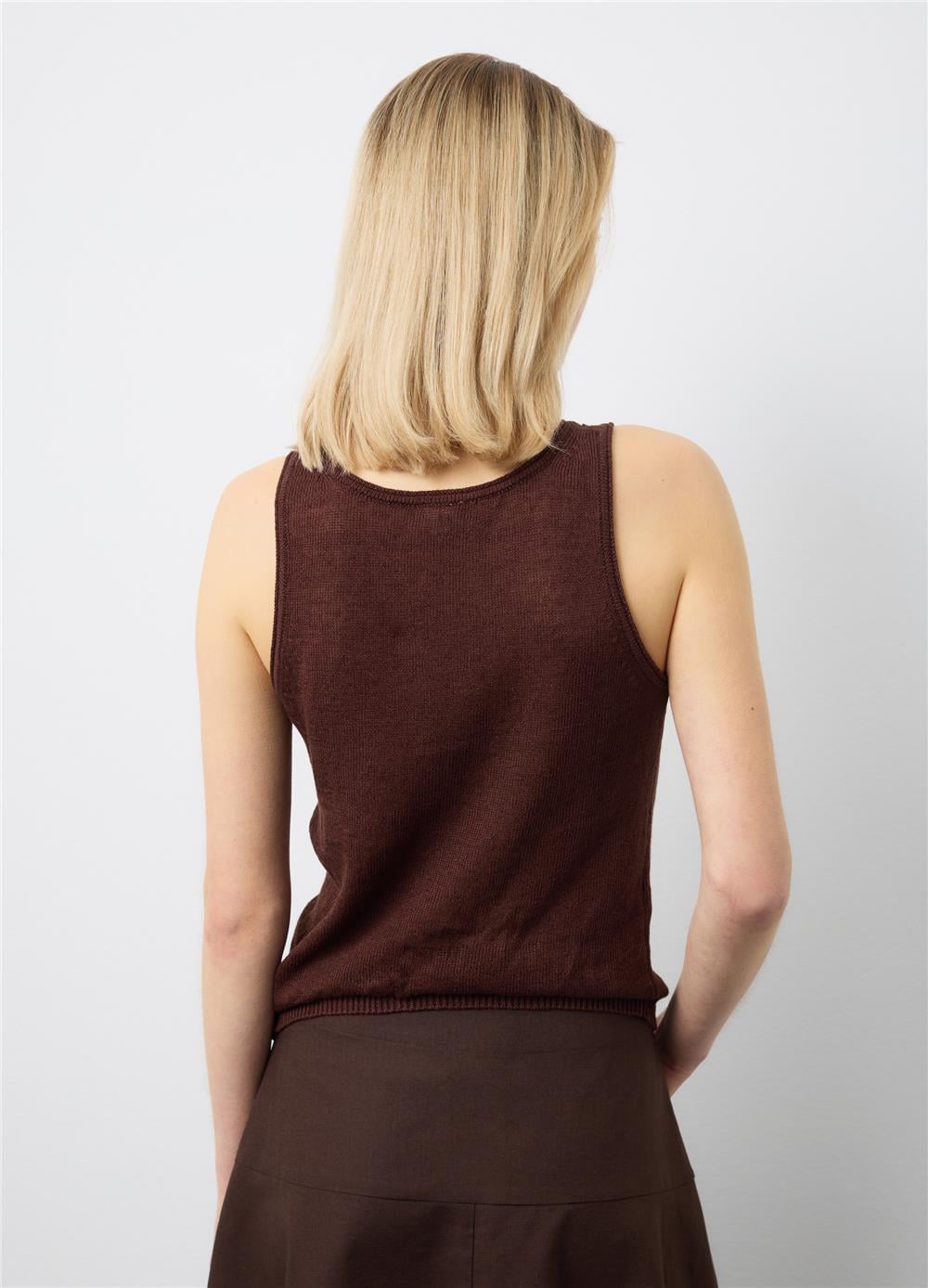 Kahverengi Keten-Pamuk Karışımlı Regular Kalıp Askılı Bluz