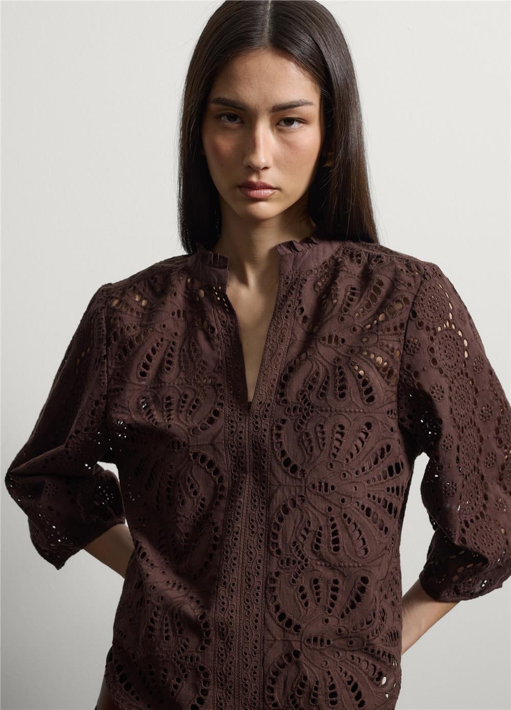 Kahverengi Pamuk Broderie Anglaise Bluz
